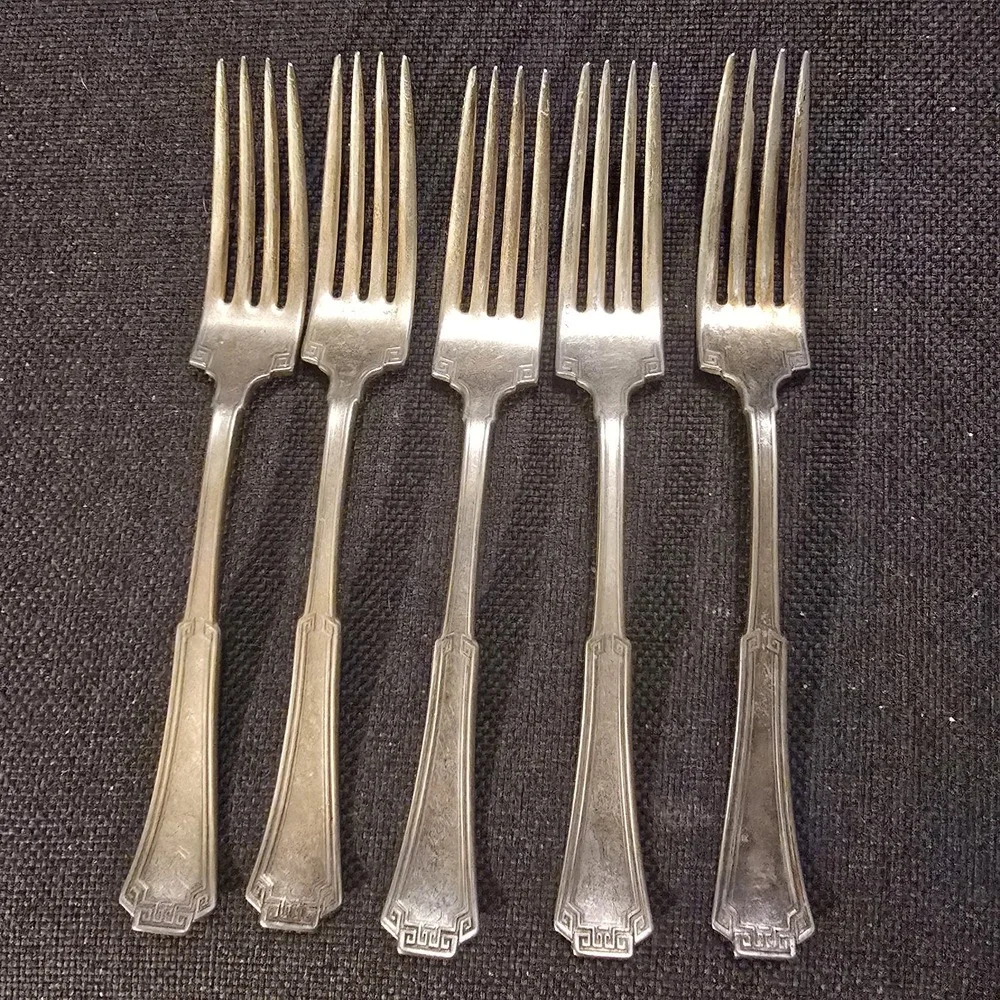 X5 Oneida GRECIAN Silverplate Forks 1881 Rogers Greek Key Flatware 6 3/4